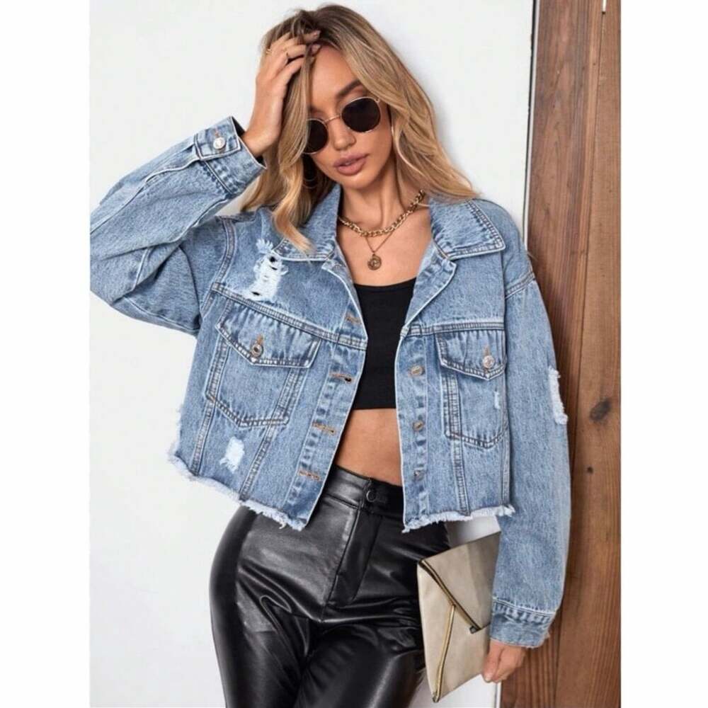 SHEIN Distressed Cropped Denim Jacket Light Wash Raw Hem Women’s Small